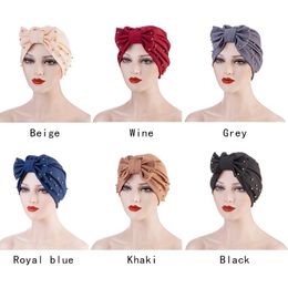 Fashion Beanie/Skull Caps Women Head Scarf Turban Ready Solid Muslim Turban Indian Cap Bowknot Elastic Beanies Hat Bonnet Headwrap