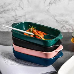 Plates Colorful Ceramic Baking Plate Dessert Bowl Ramekin Baker Rectangle Dinner With Handle Pasta Dishes Household Dinnerware