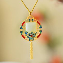 Pendant Necklaces Luxury Vintage Necklace Enamel Flower Hollow Round Tassel With Hetian Jade Chinese Style Jewelry For Women Wedding Party