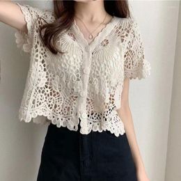 Women's T Shirts Women French Style Short Sleeve Lace Shrug Hollow Out Crochet Knit Bolero Cardigan V-Neck Button Down Sheer Crop Jacket