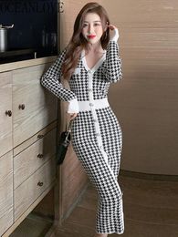 Casual Dresses OCEANLOVE Sexy Bodycoon Women Plaid V Neck Single Breasted Autumn Winter Vestidos Vintage Korean Knitted Robe Femme