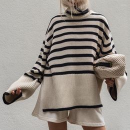 Women's Sweaters ZXQJ Women 2022 Fashion Thick Warm Striped Oversized Knitted Sweater Vintage Turtleneck Long Sleeve Female Pullovers Chic