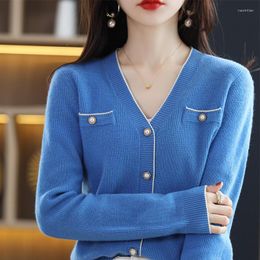 Women's Knits Pure Wool Knit Cardigan Ladies V-neck Colorblock Long Sleeve 2022 Spring And Autumn Sweater Pearl Button Top