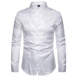 Men's Casual Shirts Mens Luxury Print Dress Brand Mandarin Collar Paisley Jacquard Slim Shirt Party Wedding Club Social White