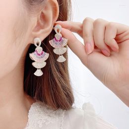 Dangle Earrings European And American Heavy Industry Colour Zircon Skirt Three-dimensional Gradient Pink Fan-shaped Thin