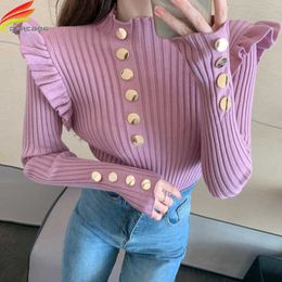 Women's Sweaters New 2021 Autumn Winter Sweater Women Turtleneck Ruffles Knitted Sweaters With Button Pink White Or Black Casual Pullover Jumper T221019