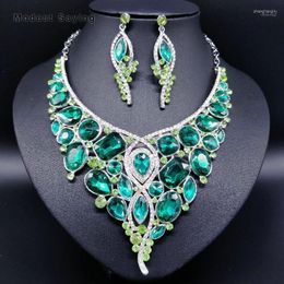 Necklace Earrings Set & Fashion Green Shiny Bridal 2022 With Crystal Wedding Necklaces And Stud Accessories Prom