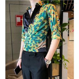 Men's Casual Shirts Shirt For Men Half Sleeve 2022 Arrival Spring And Autumn Slim Short Male Peacock Pattern Teenager Tops S49