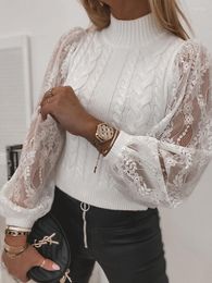 Women's Sweaters Semi Turtleneck Knitted Twist Sexy Lace Crochet Patchwork Long Sleeve Pullover White Sweater WDC6470