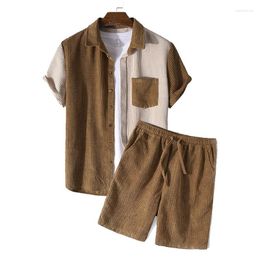 Men's Tracksuits Spring And Summer 2022 Men's Shorts Sets Casual Loose Waffle Splicing Corduroy Short Sleeve Suit Two-piece