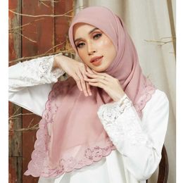 Scarves 2Side Embroidery Ee Plain Heavy Chiffon Muslim Hijab Qaseh Sulam Shawl Malaysia Tudung Bawal Lace Scarv