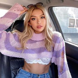 Women's Sweaters 2022 Women Turtleneck Sweater Pink And Purple Striped Hole Cropped Pullover Sweaters Fashion Batwing Sleeve Knitwear Clothing T221019