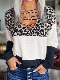 Women's Blouses Ladies Tops Women Leopard Colour Block Criss-Cross Long Sleeve Blouse Loose Casual Tee Top Ropa Mujer Blusas De Moda 2022