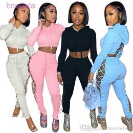 Woman Hoodies Tracksuits Desinger Two Piece Set Sexy Hollow Out Bandage Jacket Contrast Splicing Strap Coat Autumn And Winter Outfits