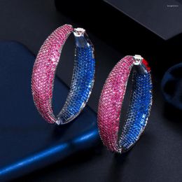 Hoop Earrings ThreeGraces Fashion Blue Red Cubic Zirconia Stone Big Circle Round For Women CZ Party Jewelry ER523