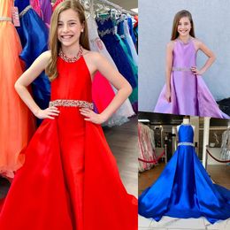 Overskirt Girl Pageant Dress 2023 Beading Pearls Waist Halter Neck Little Kid Birthday Formal Party Gown Toddler Teens Floor Length Royal Blue Red Lilac Satin Fitted