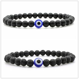 Evil Eye Bracelet 8mm Natural Black Matte Lava Stone Beads Handmade Elasticity Bracelet for Men Women Yoga Reiki Jewellery
