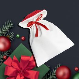 Sublimation Blank White Gift Bag Christmas Decorations Silk Ribbon Heat Transfer Printing Linen Candy Bag With draw string For Xmas Gifts Packing Colours Many B5