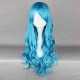 Anime long dark blue Harajuku wind super cute wave roll COS wig