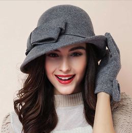 Beanie/Skull Caps 2017 New Winter warmth Fashion Bow Fedora Lady Hat Dome Elegant Ladies Real wool Topper For Women Bowknot Winters Hats For Women T221013