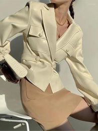 Women's Leather Jacket Women 2022 Spring Suit Collar One Button Slim Waist Design Pocket Short Coat Female Thin Chaqueta Cuero Mujer