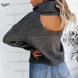 Women's Sweaters Loose Fitting Turtleneck Backless Women Sweaters Spring 2022 Pullovers Tops Autumn Knitted Pullovers Orange Sweater Gray Top T221019