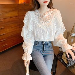 Women's Blouses Pullover Women Blouse Shirts Beaded Ruffle Round Neck Mesh Splicing Lace 2022 Long Sleeve Butterfly Ladies Tops 311C