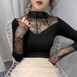 Women's Sweaters Sexy Lace Stitching Sweater Shirt 2021 Spring Half Turtleneck Female Long-Sleeved Render Unlined Slim Elegant Top Knit-Shirts T221019