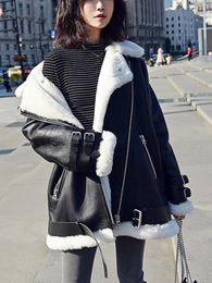 Women's Leather Ailegogo Autumn Winter Women Faux Fur Black White Jacket With Belt Moto Biker Loose Turndown Collar Coat Outwear