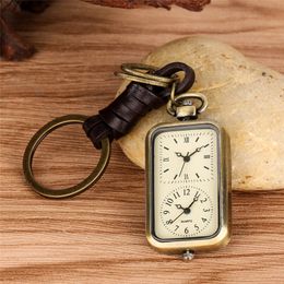 Old Fashion Watches Dual Time Zone Rectangle Shape Unisex Quartz Analogue Pocket Watch Pendant Key Ring Rope