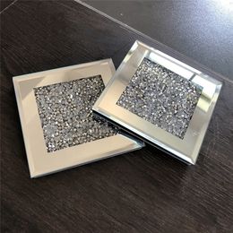 4Pcs Glass Mirrored Coaster Tea Cup Mat Crushed Diamond Pad Coffee Restaurant Kitchen Dining Desktop Decoration 220627