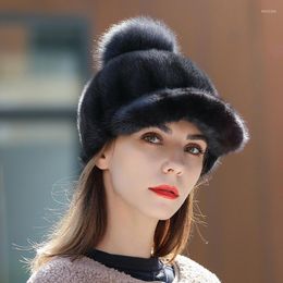 Visors Russian Fur Ski Hat Winter Warm Real Mink Caps Earflap Basin Cap Women's Girl Elegant Hats Cute Pom