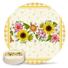 Table Mats Sunflower Idyllic Plaid Coasters Kitchen Decor Car Portable Office Milk Coffee Mug Cup Mat Ceramic Round