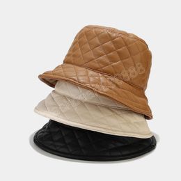 Winter Bucket Hat PU Lattice Solid Matte Fisherman Caps Fashion Warm Panama Hat Casual Outdoor Sunscreen Sun Cap for Women