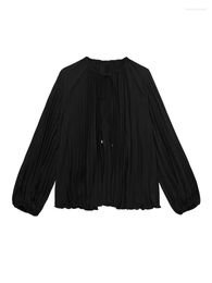 Women's Blouses Women's Fall 2022 Casual Fashion Chic Pleated Blouse Retro Round Neck Long Sleeve Loose Solid Color Top