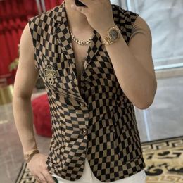 Men's Casual Shirts Shirt For Men Sleeveless 2022 Arrival Summer Male Top Floral Suit Collar Slim Chequered Fashion Korean Style S40