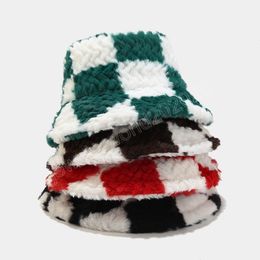 Winter Plaid Print Faux Fur Fluffy Bucket Hats Women Outdoor Warm Soft Velvet Furly Fisherman Cap Girl Women Panama Present