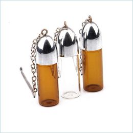 Other Smoking Accessories 57Mm Glass Snuff Pill Box Case Bottle Sier Clear Brown Vial With Metal Spoon Spice Rocket Snorter Sniffer Dhat4