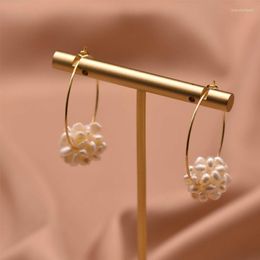 Hoop Earrings Natural Freshwater White Pearl Woman Ear Pins Flower Ball Shape Fine Jewellery Handmade Circle Accessories