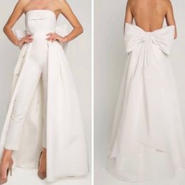 Luxury Strapless Jumpsuit Wedding Dress Bow Detachable Train Backless Sleeveless Bride Gown 2023 Satin Custom Made Vestido De Noiva