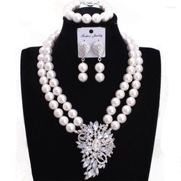 Necklace Earrings Set Dudo African Imitation Pearls Jewelry For Nigerian Weddings Choker 2 Layers With Silver Brooch 2022
