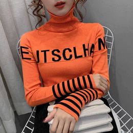 Women's Sweaters Winter Black White Blue Orange Sweater Women Turtleneck Pullovers Letters Slim Harajuku Casual Turtleneck Sweater Autumn T221019