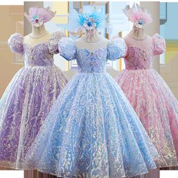 Light Sky Blue Flower Girl Dresses Long Sequined Lace Wedding Appliqued Ball Gown Toddler Pageant Gowns Tulle Custom Made First Holy Communion Dress 403