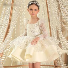 Bling Flower Girls Dresses Toddler For Weddings Pink Square Neck Long Sleeves Sequined Lace Short Tiered Ruffles Birthday Children Girl Pageant Gowns Bow 403