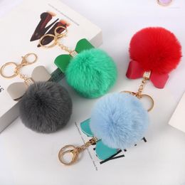 Keychains Cute Pompoms Leather Bow Keychain For Woman Gift Car Bag Pendant Accessories Crystal Inlaid PU Bowknot Plush Key Chains Llavero