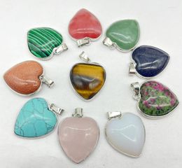 Pendant Necklaces Natural Gem Stone Quartz Crystal Agate Turquoise Golden Silver Edging Heart-shaped Charms Jewelry Making 1pc