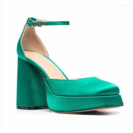 Dress Shoes Plus Size 34-43 Women's Satin Thick High Heel Platform Shallow Mouth Pumps 2022 Summer Sandals Black Green Beige Blue