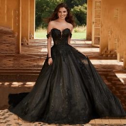 Black A-Line Wedding Dresses Gothic Bridal Gowns 2023 Lace Appliques Off The Shoulder Sweetheart Neck Sequined Vestido De Novia Vintage Glitter Long Bride Wear
