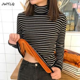 Women's Sweaters Fleece Thickening Stripe Splicing Turtleneck Pullover Sweater Women Korean Basic Warm Streetwear Knitted Sweater Simple Sweater T221019