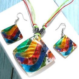 Necklace Earrings Set & Hesiod Colorful Personality Peacock Flower Acrylic Square Charm Women